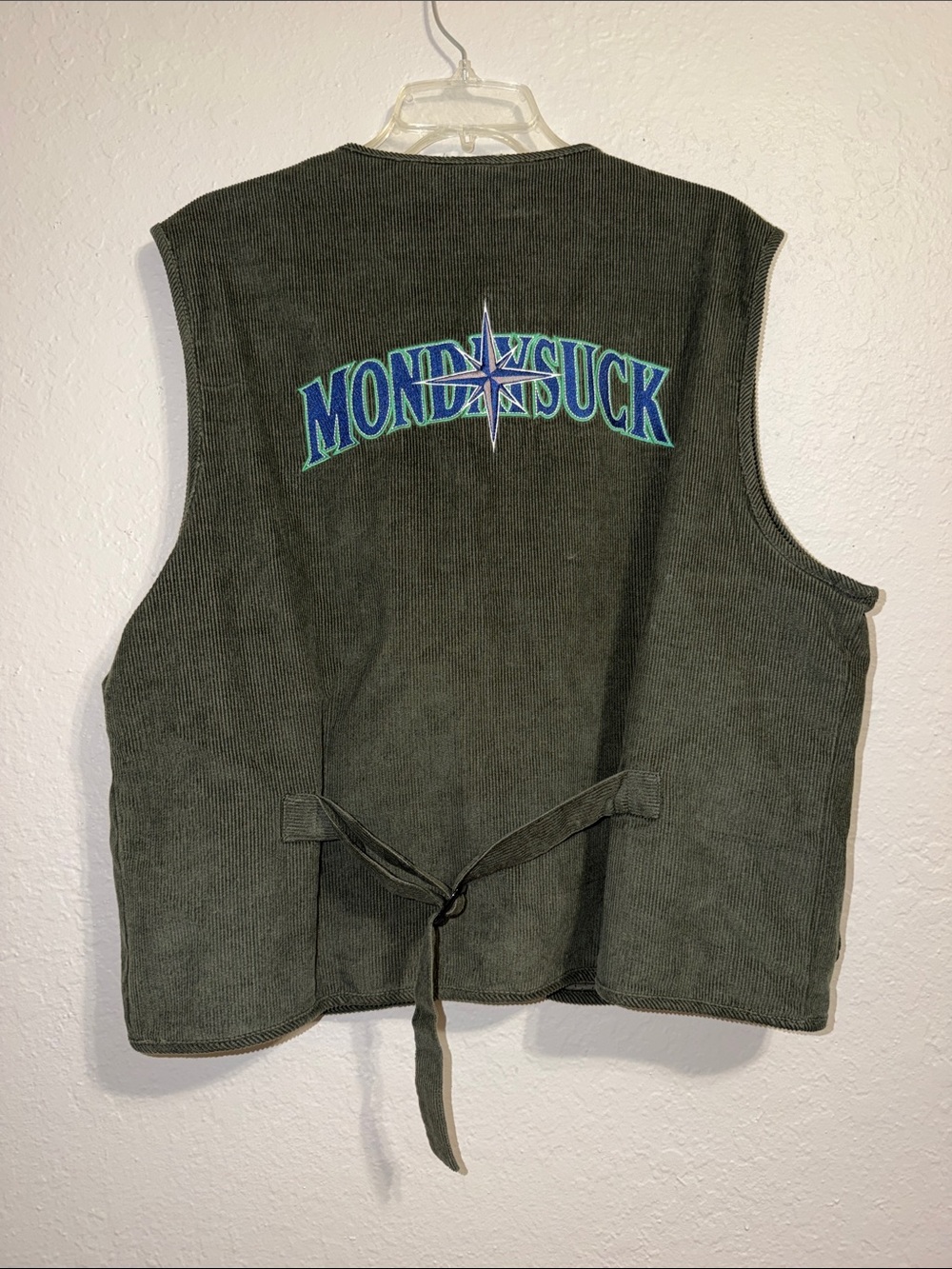Mondaysuck Corduroy Fisherman Zip Vest Green Embroidered Outdoor Gilet Gorpcore
